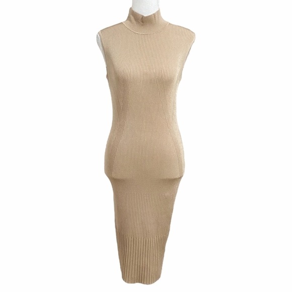 Marciano CAMEL TAN RIBBED STRETCH MOCK NECK SLEEVELESS BODYCON DRESS - Picture 1 of 9